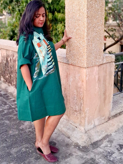 Hand Painted Teal Midi Dress for Women