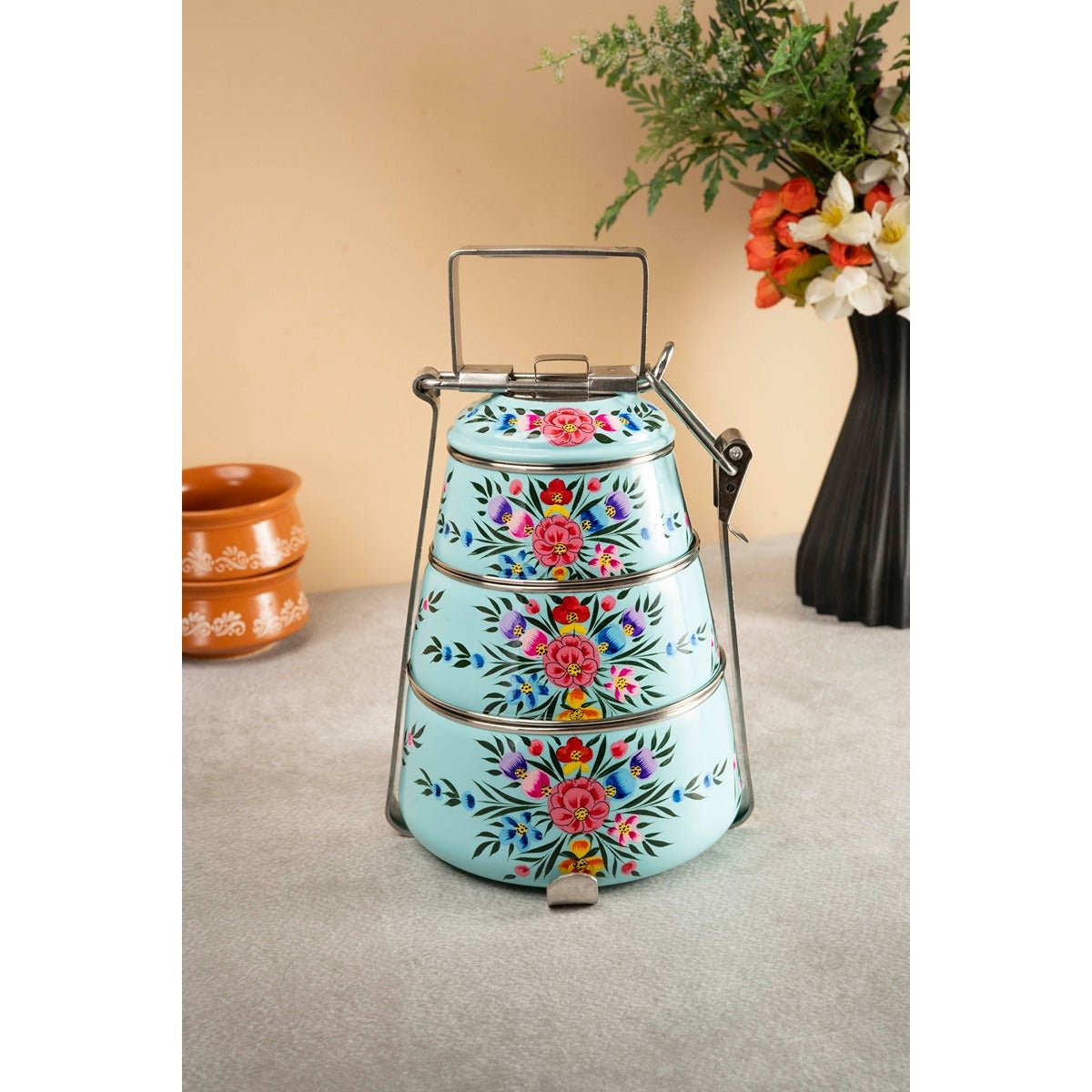 Hand Painted Tiffin Carrier | Steel Lunch Box with Artistic Design – Lunch Box on Brown Living™. SKU: ANTHPTCBHKG. Img 4.