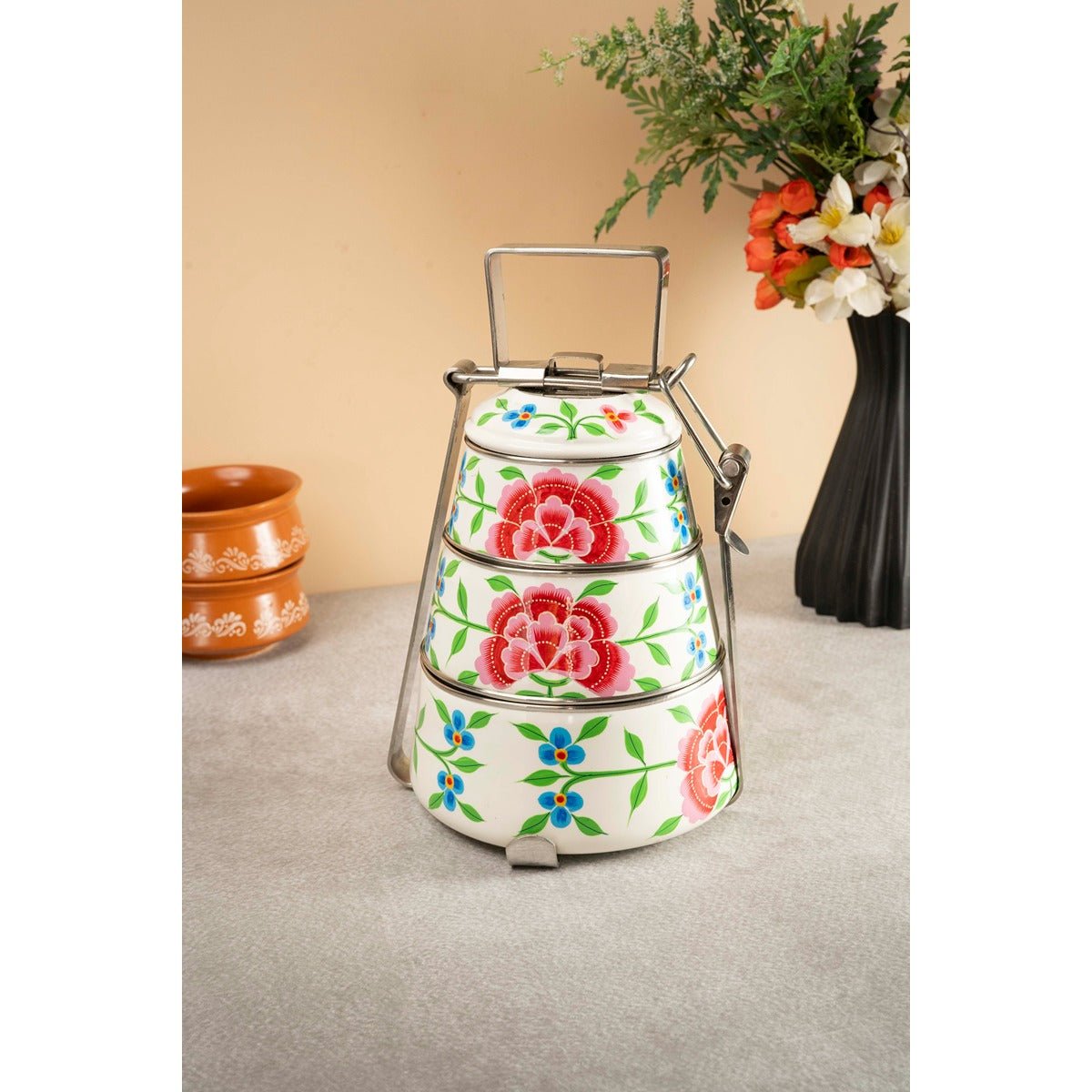 Hand Painted Tiffin Carrier | Steel Lunch Box with Artistic Design – Lunch Box on Brown Living™. SKU: ANTHPTCWHKG. Img 6.