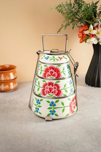 Hand Painted Tiffin Carrier | Steel Lunch Box with Artistic Design – Lunch Box on Brown Living™. SKU: ANTHPTCWHKG. Img 2.