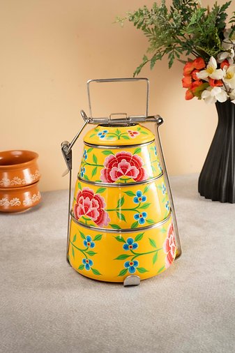 Hand Painted Tiffin Carrier | Steel Lunch Box with Artistic Design – Lunch Box on Brown Living™. SKU: ANTHPTCYHKG. Img 3.