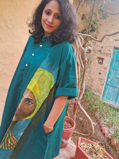 Hand Painted Wearable Art Clothing | Tribal Inspired Designer Apparel – Womens Dress on Brown Living™. SKU: MUDRAYAS10. Img 1.