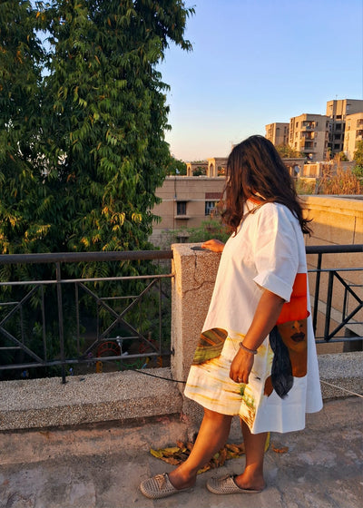 Hand Painted White Midi Dress for Women | Cotton Casual Dress – Womens Dress on Brown Living™. SKU: MUDRAYAS14. Img 1.