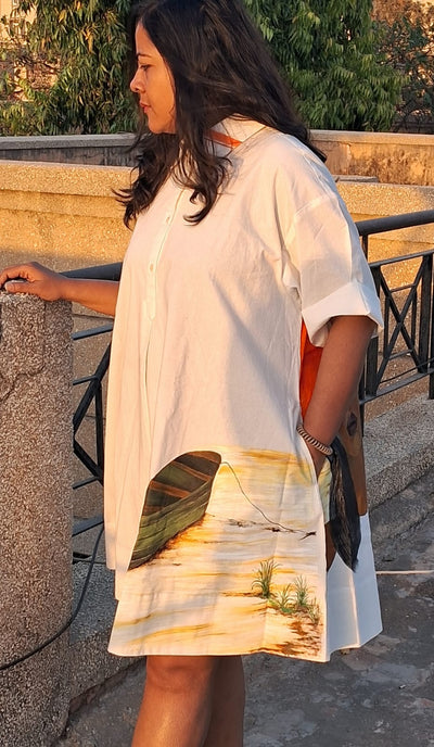Hand Painted White Midi Dress for Women | Cotton Casual Dress – Womens Dress on Brown Living™. SKU: MUDRAYAS14. Img 6.