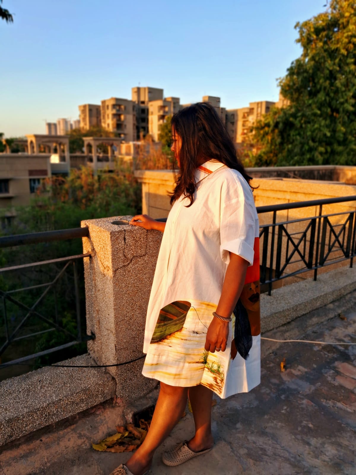 Hand Painted White Midi Dress for Women | Cotton Casual Dress – Womens Dress on Brown Living™. SKU: MUDRAYAS14. Img 2.