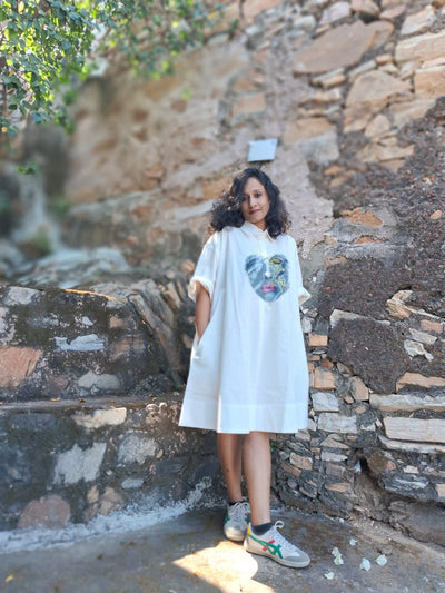 Hand Painted White Shirt Dress for Women | Cotton Casual Midi Dress – Womens Dress on Brown Living™. SKU: MUDRAYAS7. Img 5.