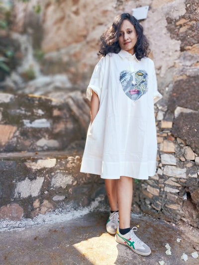 Hand Painted White Shirt Dress for Women | Cotton Casual Midi Dress – Womens Dress on Brown Living™. SKU: MUDRAYAS7. Img 1.