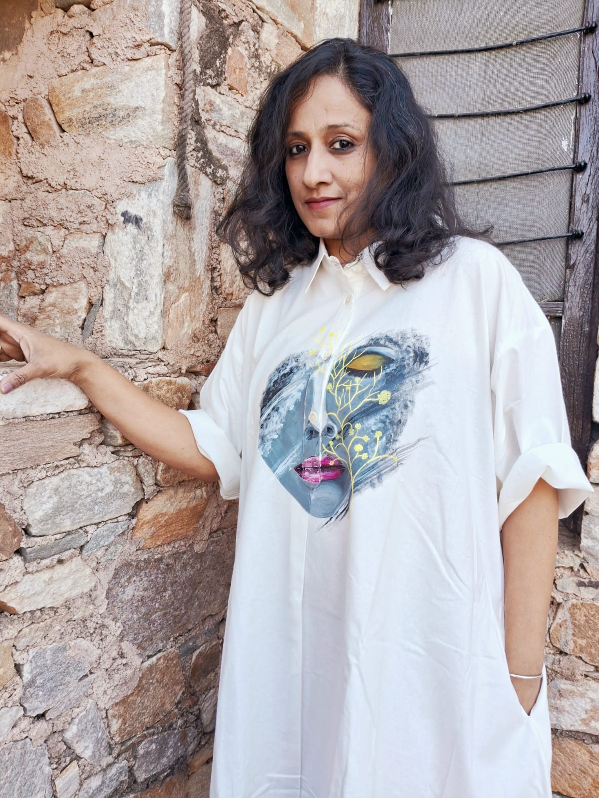 Hand Painted White Shirt Dress for Women | Cotton Casual Midi Dress – Womens Dress on Brown Living™. SKU: MUDRAYAS7. Img 2.
