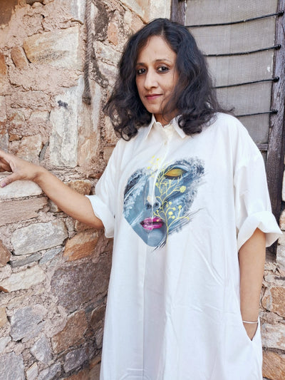 Hand Painted White Shirt Dress for Women | Cotton Casual Midi Dress – Womens Dress on Brown Living™. SKU: MUDRAYAS7. Img 2.
