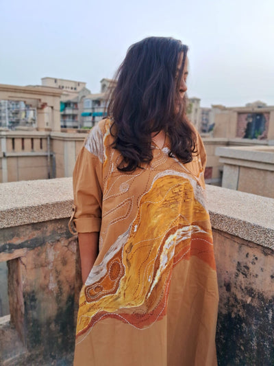 Hand - Painted Women’s Ochre Long Dress | Elegant Casual Maxi Dress – Womens Dress on Brown Living™. SKU: MUDRAYAS6. Img 5.