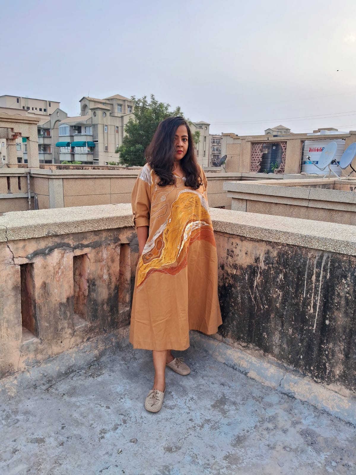 Hand - Painted Women’s Ochre Long Dress | Elegant Casual Maxi Dress – Womens Dress on Brown Living™. SKU: MUDRAYAS6. Img 3.