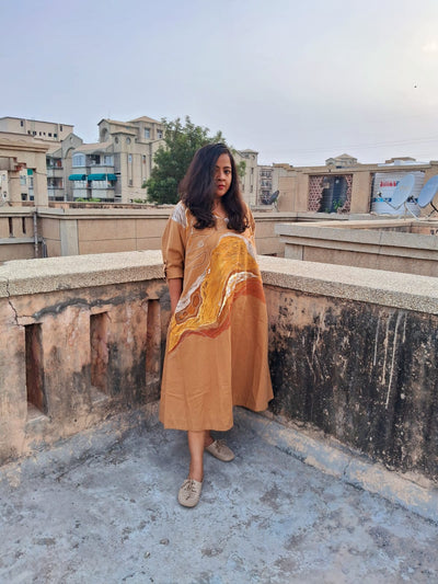 Hand - Painted Women’s Ochre Long Dress | Elegant Casual Maxi Dress – Womens Dress on Brown Living™. SKU: MUDRAYAS6. Img 3.