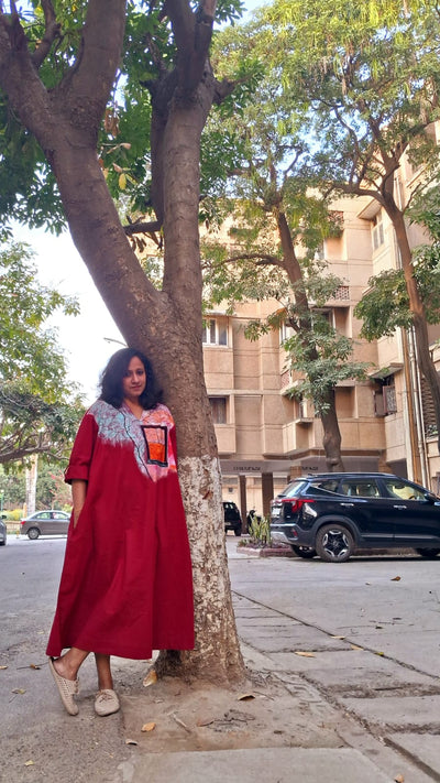 Hand - Painted Women’s Red Long Dress | Elegant Casual Maxi Dress – Womens Dress on Brown Living™. SKU: MUDRAYAS5. Img 1.