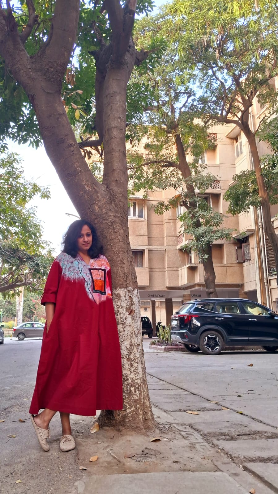 Hand - Painted Women’s Red Long Dress | Elegant Casual Maxi Dress – Womens Dress on Brown Living™. SKU: MUDRAYAS5. Img 1.