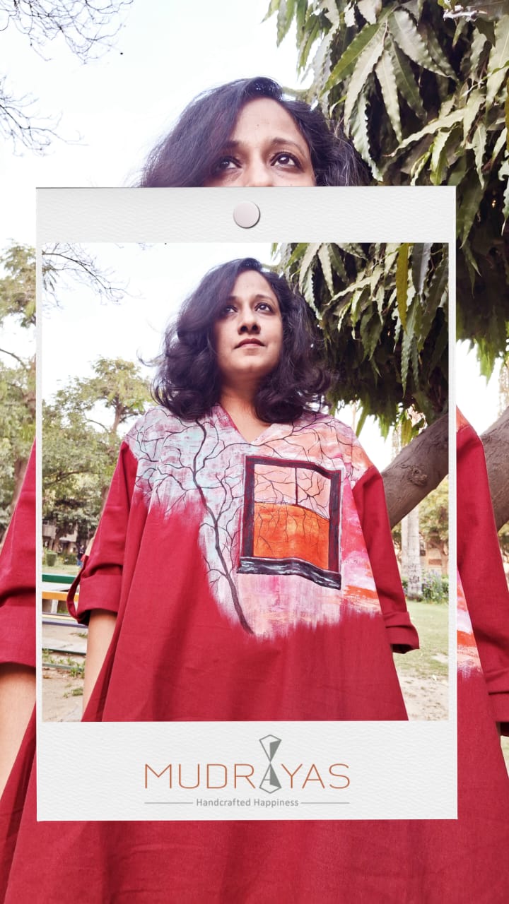 Hand - Painted Women’s Red Long Dress | Elegant Casual Maxi Dress – Womens Dress on Brown Living™. SKU: MUDRAYAS5. Img 3.