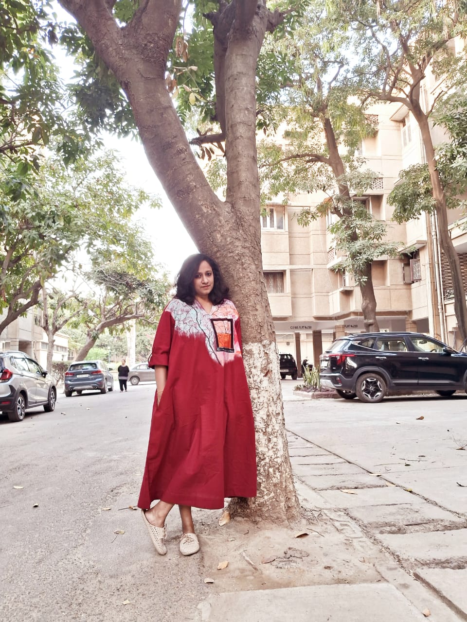 Hand - Painted Women’s Red Long Dress | Elegant Casual Maxi Dress – Womens Dress on Brown Living™. SKU: MUDRAYAS5. Img 4.