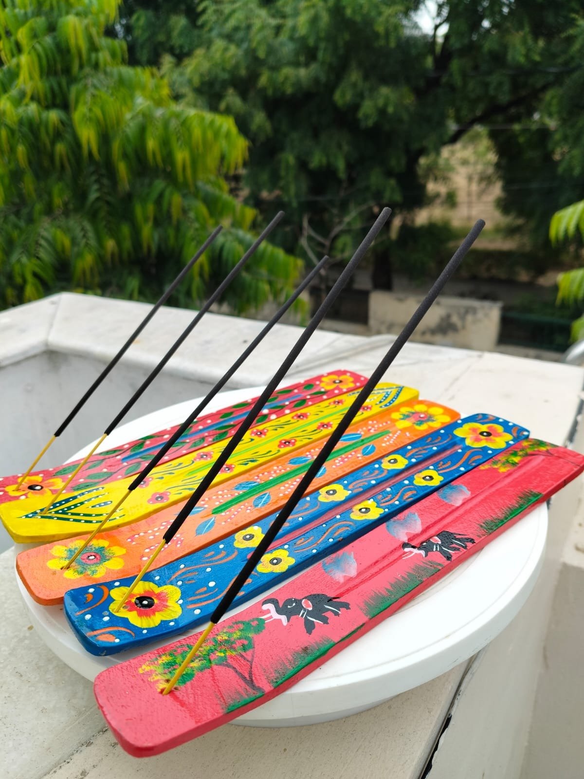 Hand Painted Wooden Incense Holder | Tribal Women Art Incense Stand – Home Decor on Brown Living™. SKU: KA01. Img 1.