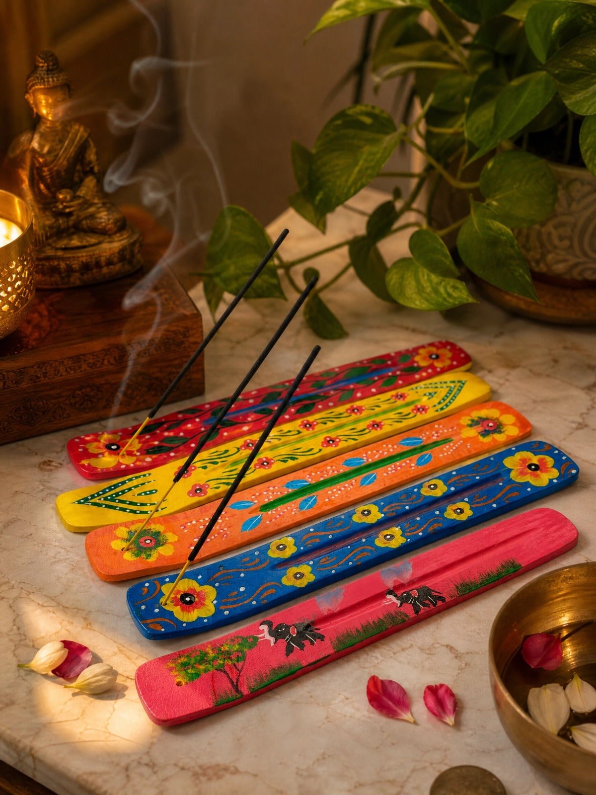Hand Painted Wooden Incense Holder | Tribal Women Art Incense Stand – Home Decor on Brown Living™. SKU: KA01. Img 2.