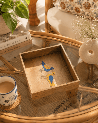 Hand-Painted Wooden Serving Tray with Birds of Freedom Gond Art – Trays & Platters on Brown Living™. SKU: GDMPWTLGMC01. Img 1.