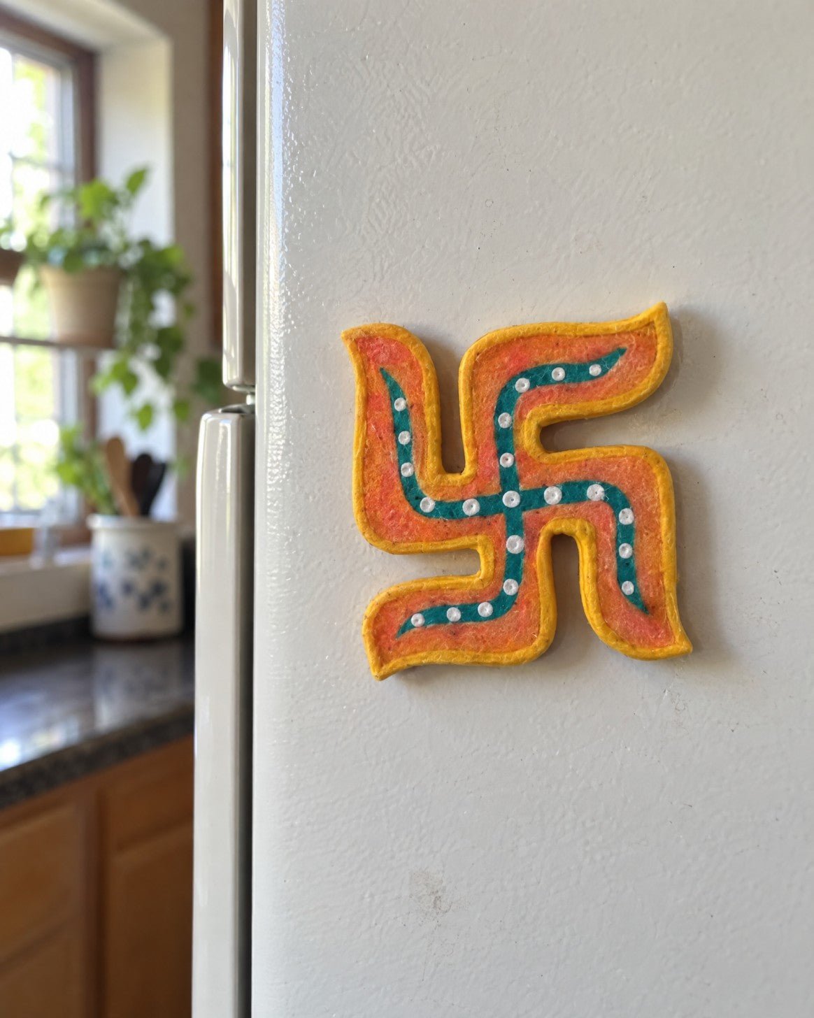 Hand-Painted Wooden Swastik Fridge Magnet – Action Figures & Collectibles on Brown Living™. SKU: KM01. Img 3.