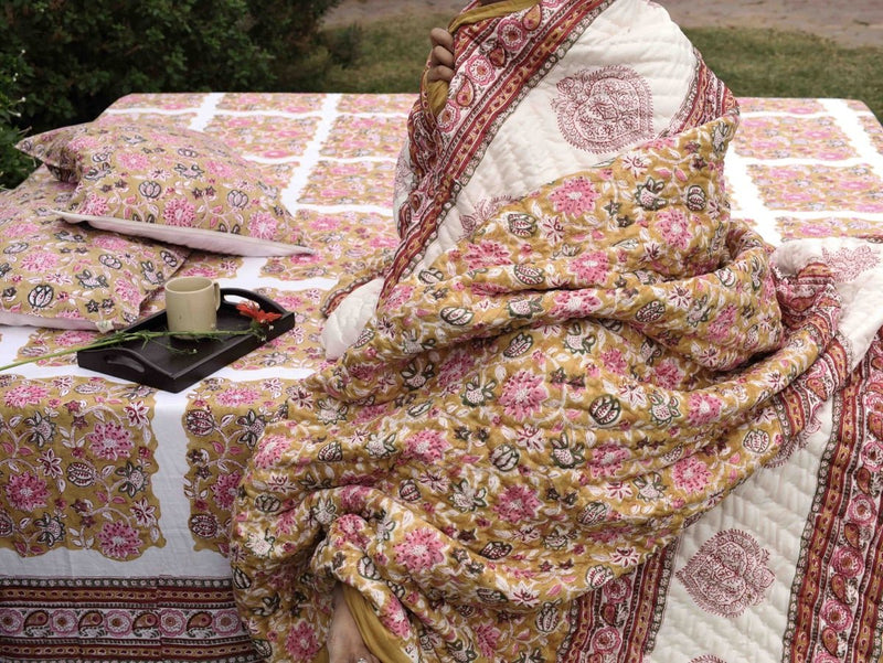 Hand - Printed Organic Cotton Quilt: Ethnic Floral Luxury | Verified Sustainable by Brown Living™