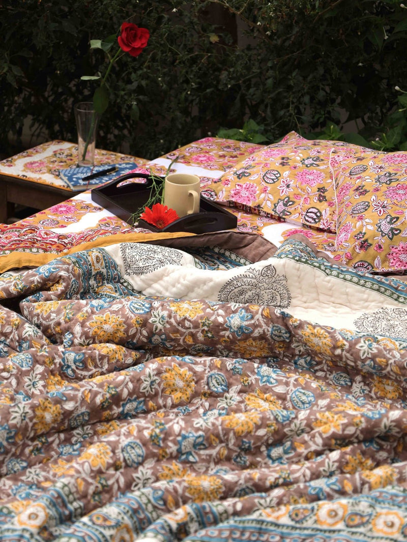 Hand - Printed Organic Cotton Quilt: Ethnic Floral Luxury | Verified Sustainable by Brown Living™