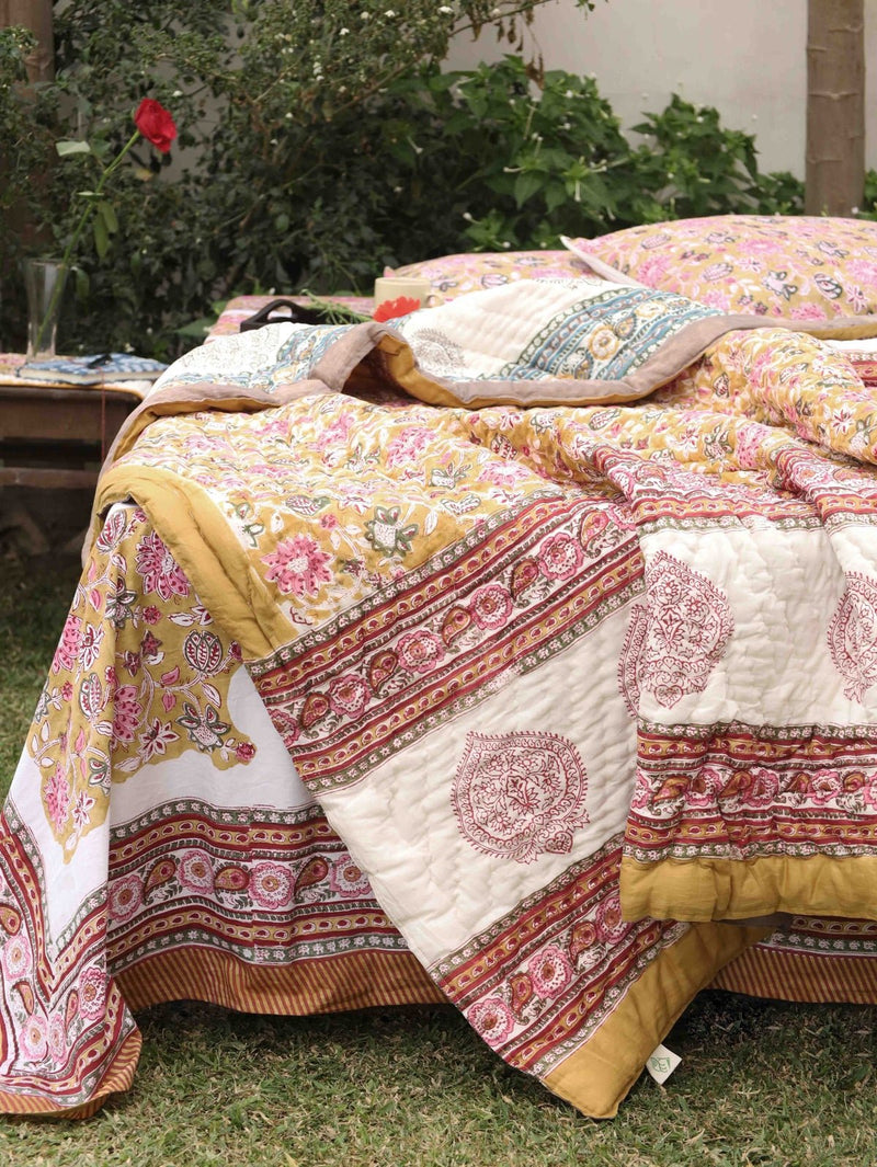 Hand - Printed Organic Cotton Quilt: Ethnic Floral Luxury | Verified Sustainable by Brown Living™