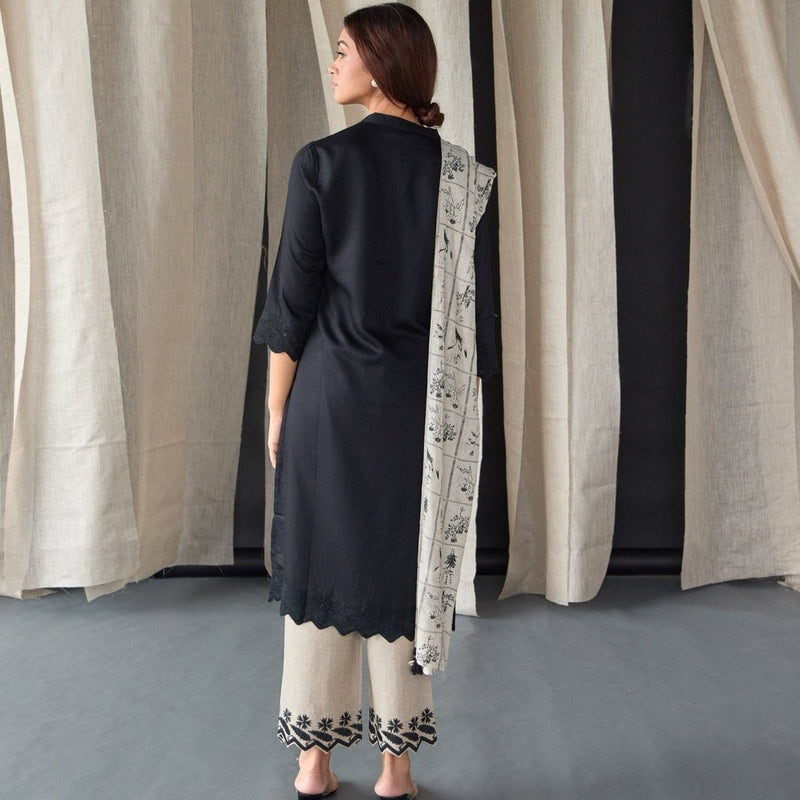 Hand Scalloped Black Kurta set with Tonal Embroidery | Verified Sustainable by Brown Living™