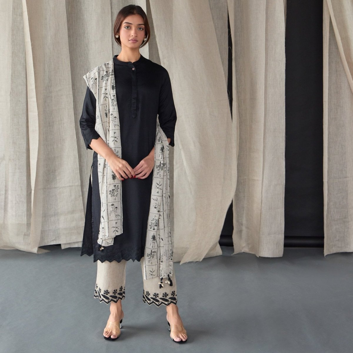 Hand Scalloped Black Kurta set with Tonal Embroidery | Verified Sustainable by Brown Living™