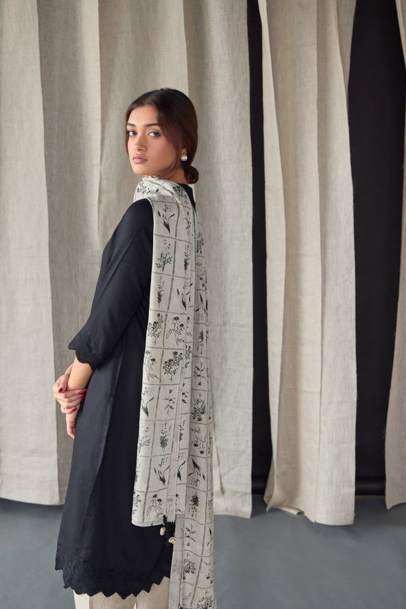 Hand Scalloped Black Kurta set with Tonal Embroidery | Verified Sustainable by Brown Living™