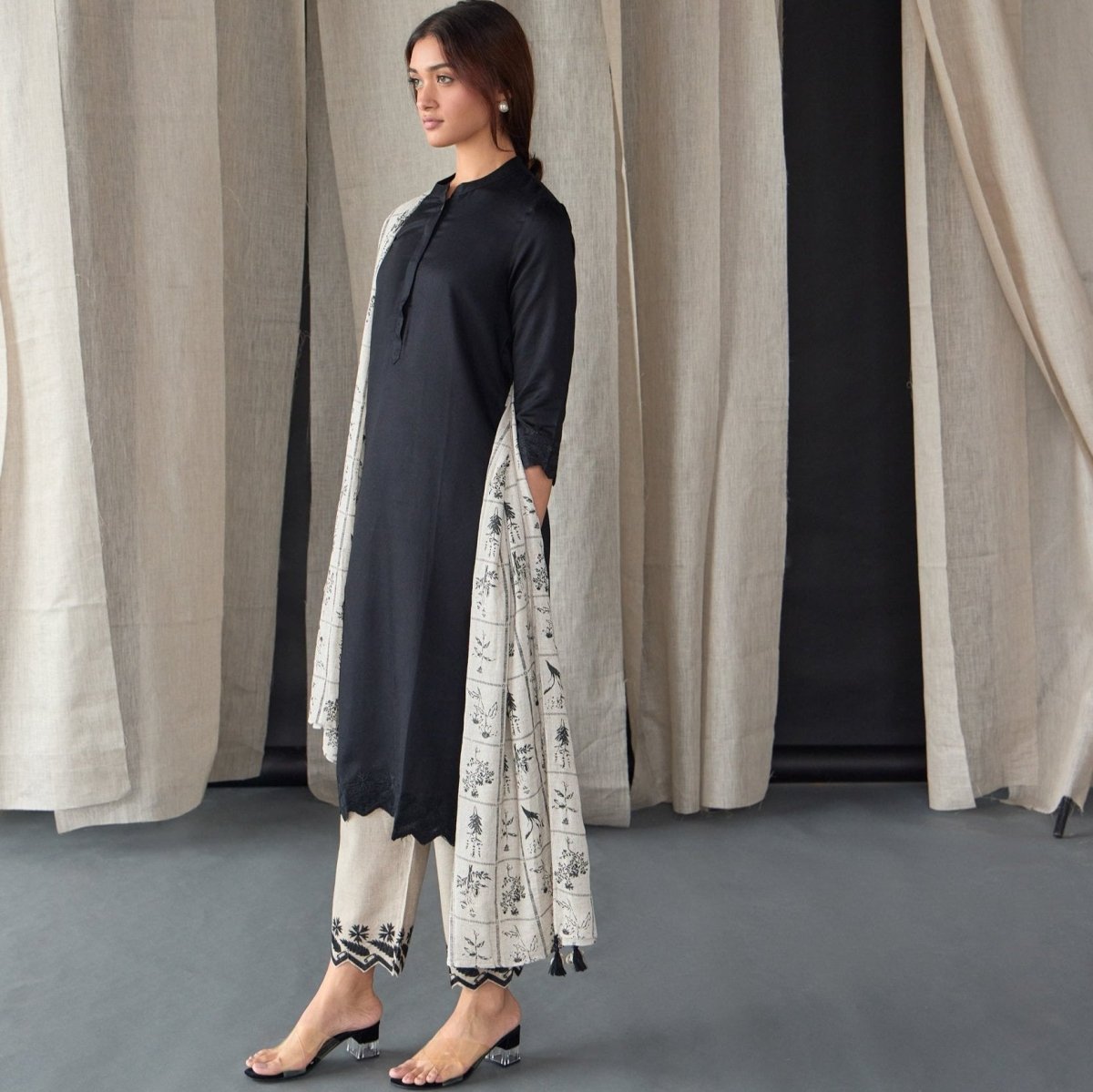 Hand Scalloped Black Kurta set with Tonal Embroidery | Verified Sustainable by Brown Living™