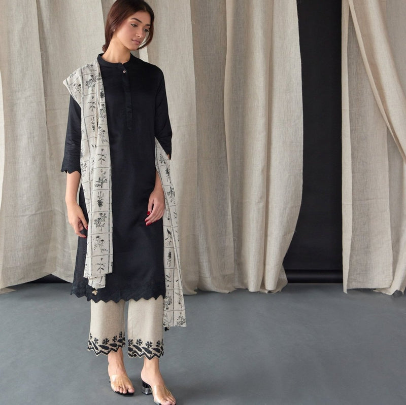 Hand Scalloped Black Kurta set with Tonal Embroidery | Verified Sustainable by Brown Living™