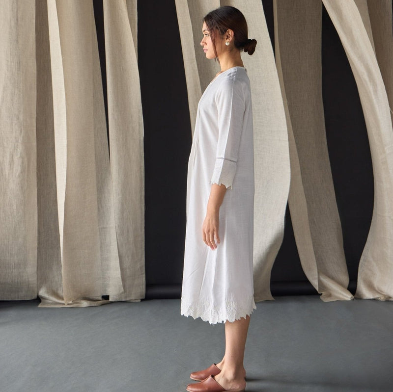 Hand Scalloped & Tonal Embroidered Dress - White | Verified Sustainable by Brown Living™