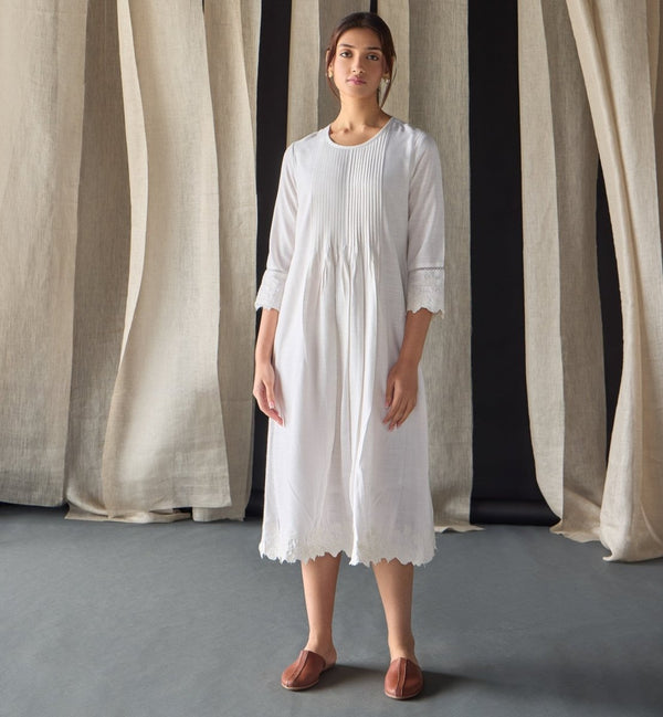 Hand Scalloped & Tonal Embroidered Dress - White | Verified Sustainable Womens Dress on Brown Living™