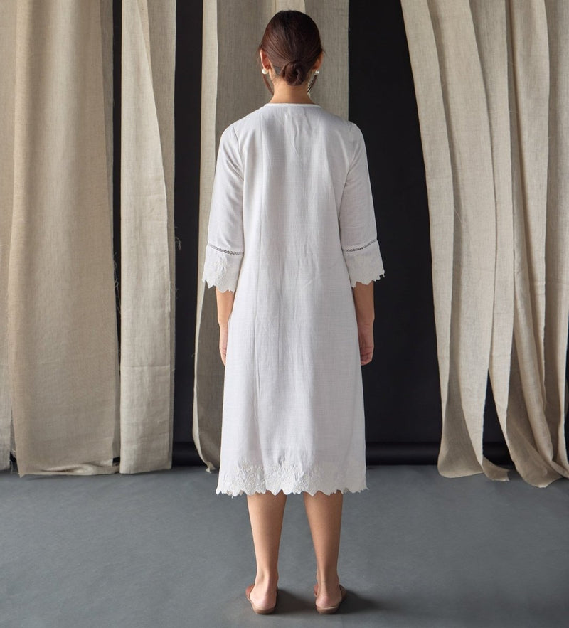 Hand Scalloped & Tonal Embroidered Dress - White | Verified Sustainable by Brown Living™