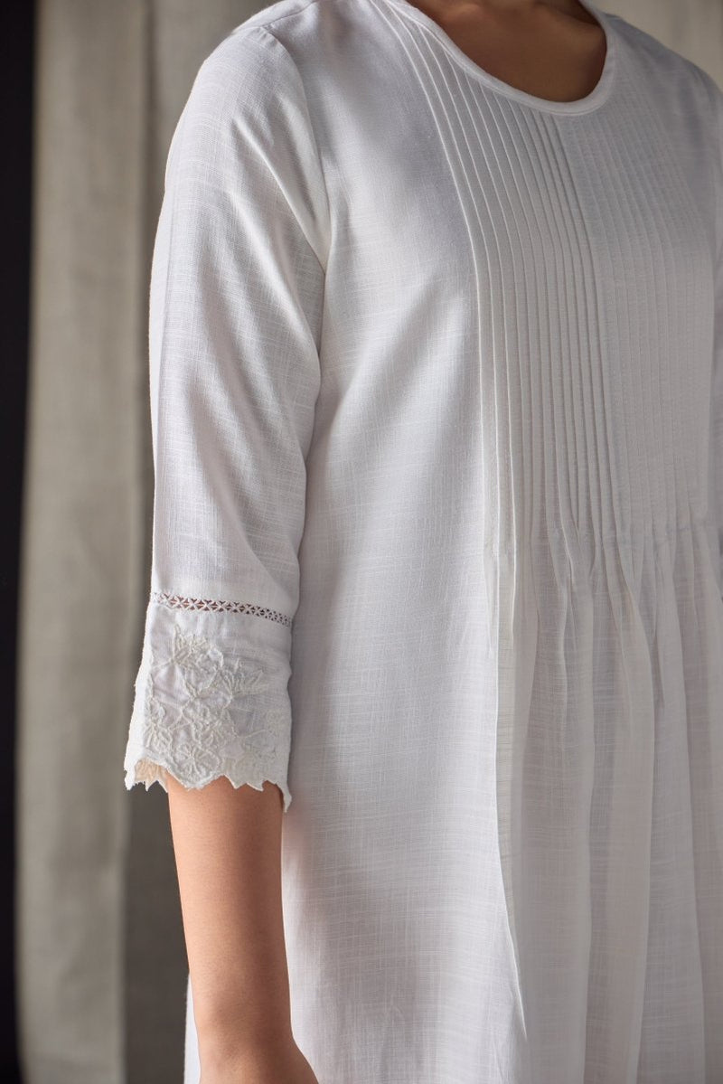 Hand Scalloped & Tonal Embroidered Dress - White | Verified Sustainable by Brown Living™