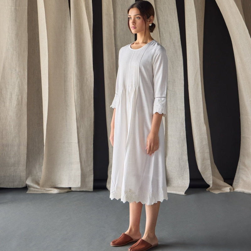 Hand Scalloped & Tonal Embroidered Dress - White | Verified Sustainable by Brown Living™