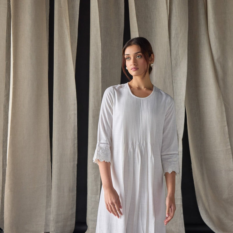 Hand Scalloped & Tonal Embroidered Dress - White | Verified Sustainable by Brown Living™