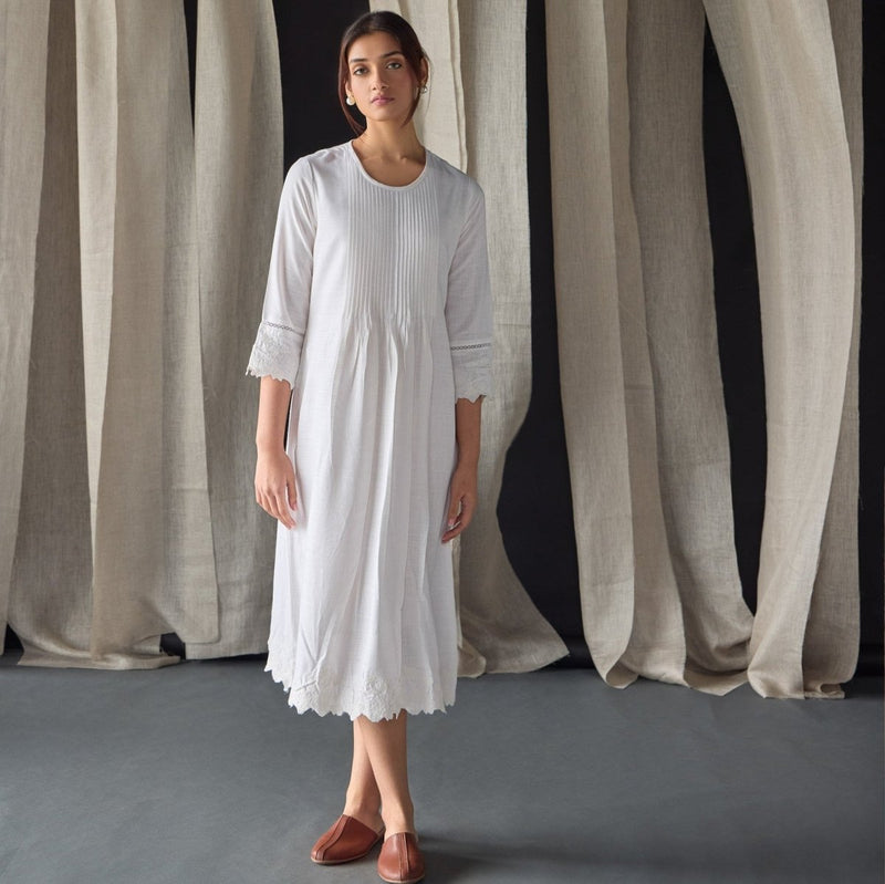 Hand Scalloped & Tonal Embroidered Dress - White | Verified Sustainable by Brown Living™