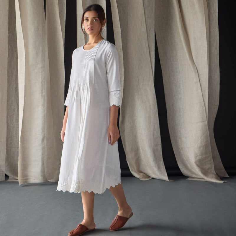 Hand Scalloped & Tonal Embroidered Dress - White | Verified Sustainable by Brown Living™