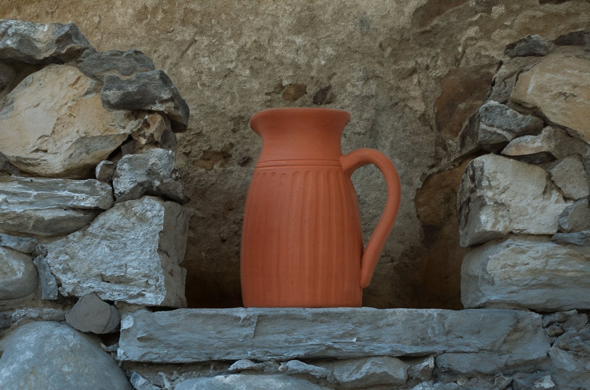 Handamde Terracotta Jug with Carving On All Sides | Verified Sustainable by Brown Living™