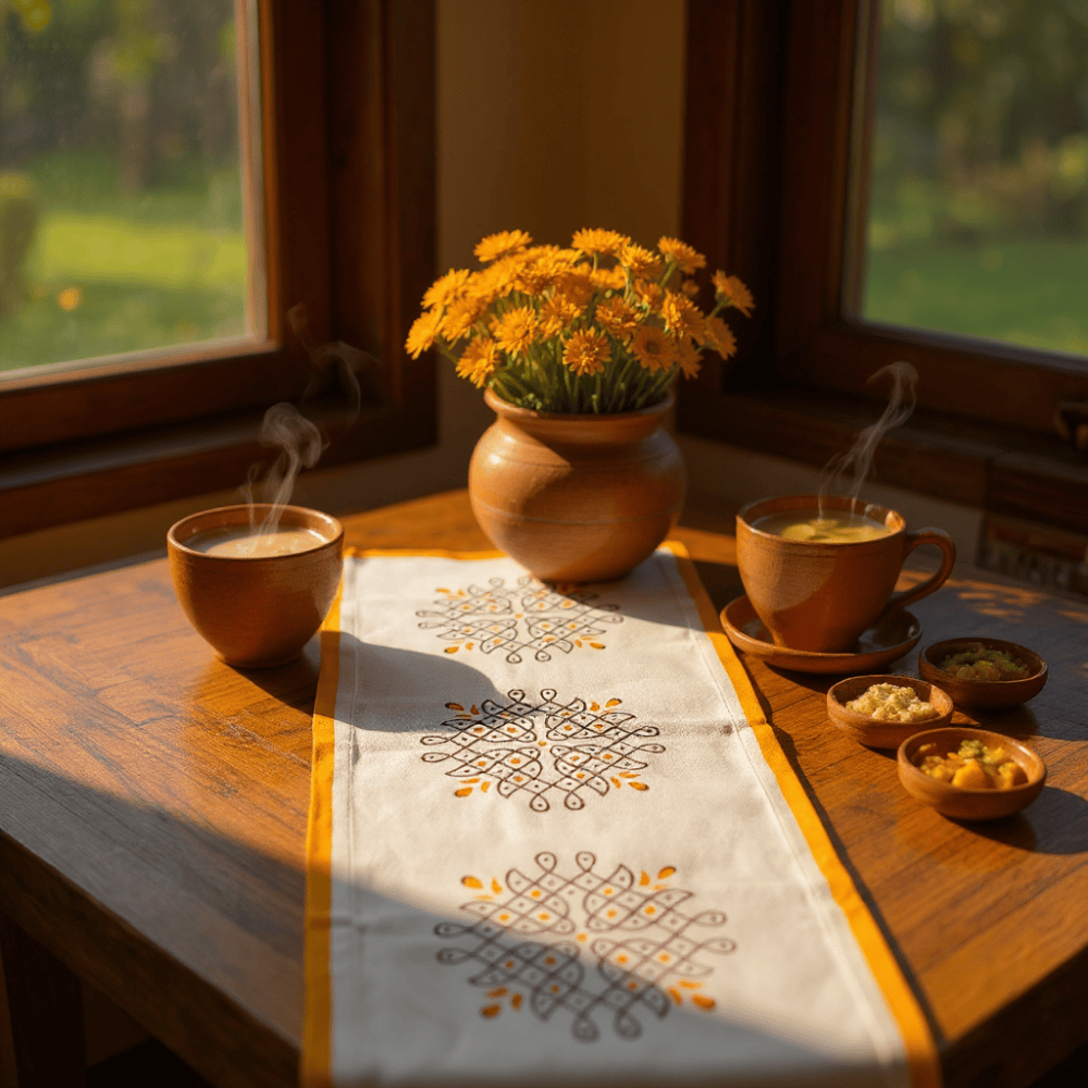 Handblock 100% Cotton Table Runner – 6 x1 Feet – Table Linens on Brown Living™. SKU: RUNNERONLY - KOLLAM - 6FEETn. Img 4.