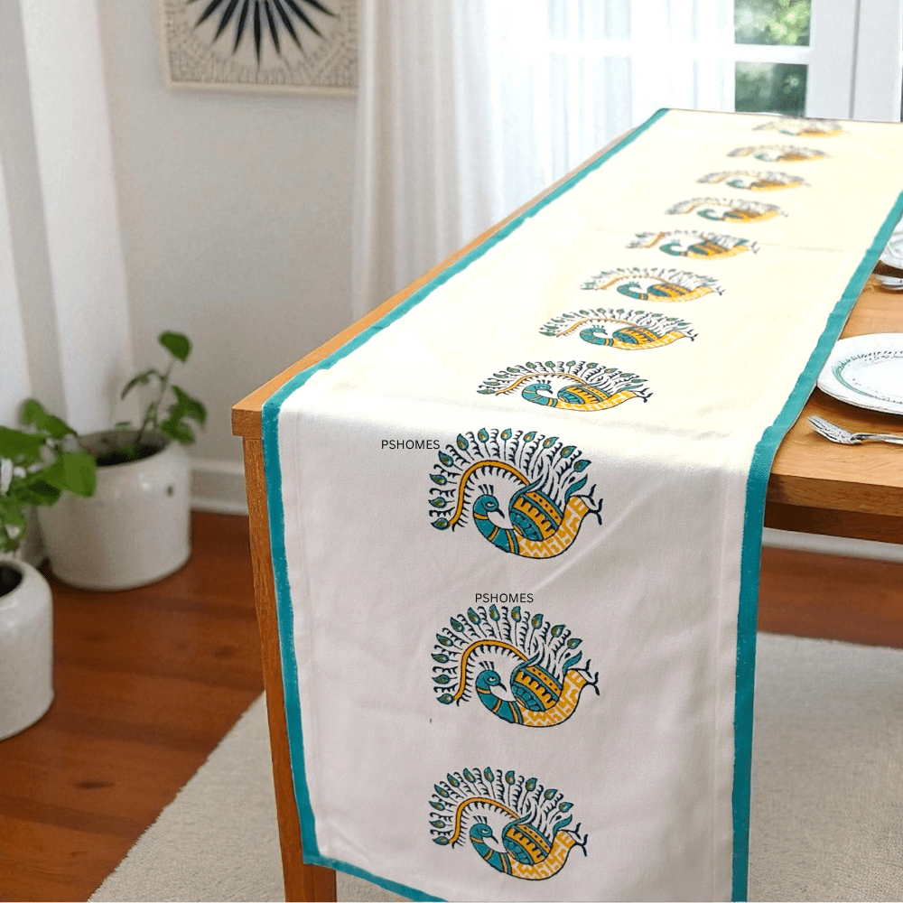 Handblock 100% Cotton Table Runner – 6 x1 Feet – Table Linens on Brown Living™. SKU: RUNNERONLY - PEACOCK - 6FEET1n. Img 1.
