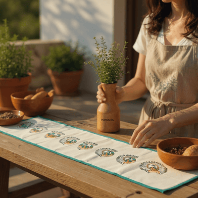 Handblock 100% Cotton Table Runner – 6 x1 Feet – Table Linens on Brown Living™. SKU: RUNNERONLY - PEACOCK - 6FEET1n. Img 2.