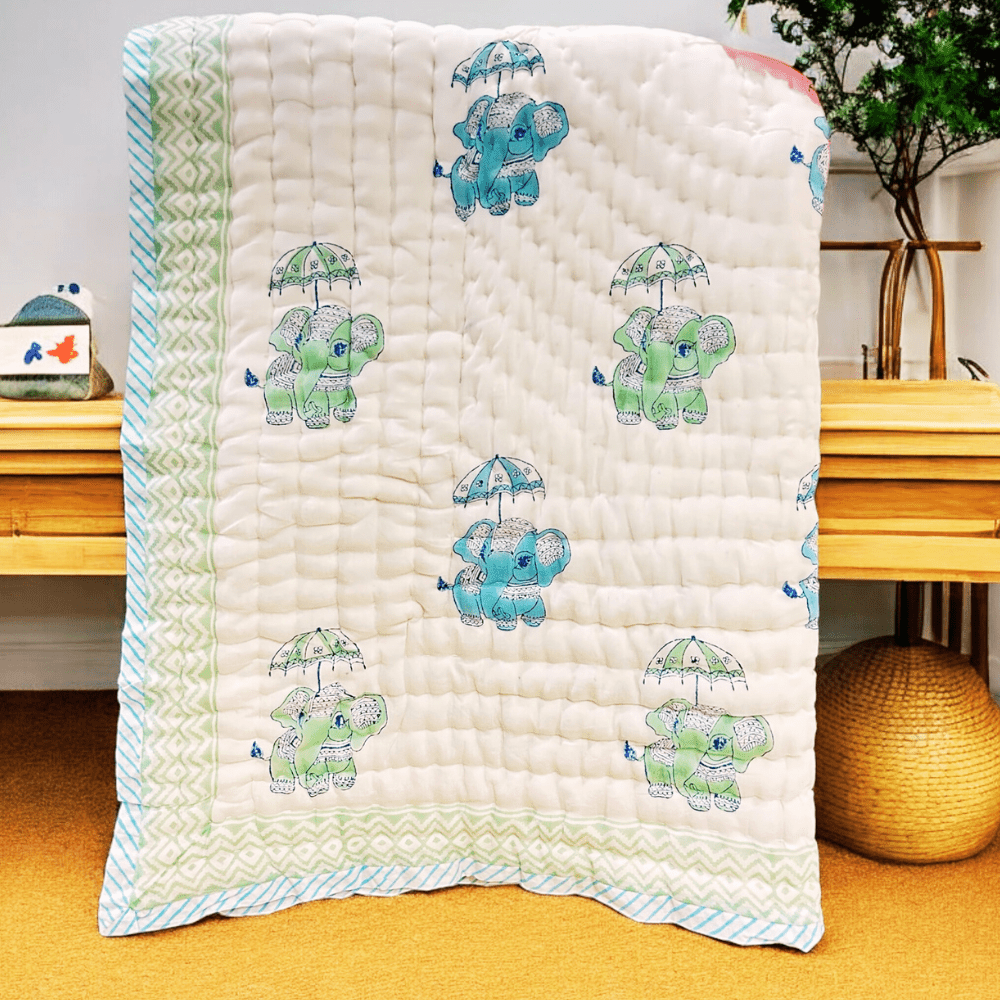 Handblock Elephant Print Kids Blanket – 40x60 inches – Bedding by Playful stitches available on Brown Living™. . SKU: FCQELEP4060. Img 1.
