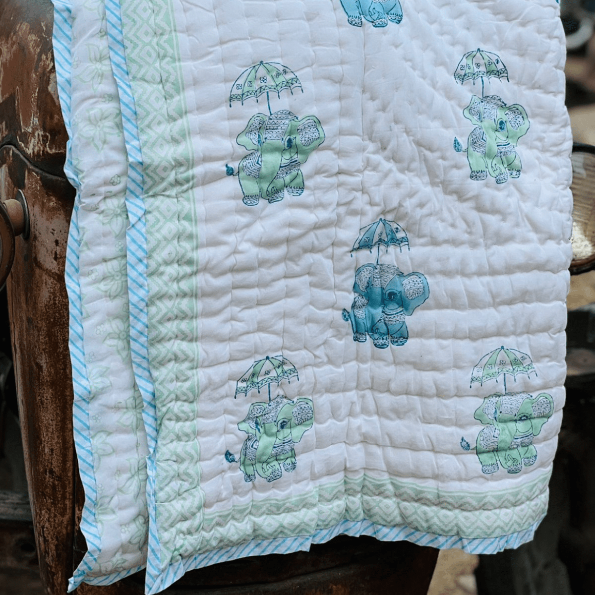 Handblock Elephant Print Kids Blanket – 40x60 inches – Bedding by Playful stitches available on Brown Living™. . SKU: FCQELEP4060. Img 4.