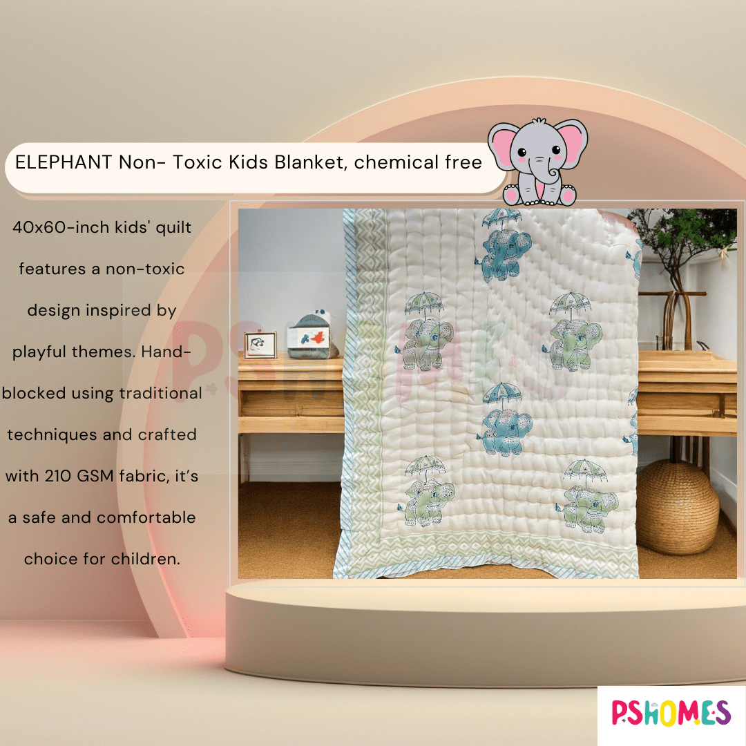 Handblock Elephant Print Kids Blanket – 40x60 inches – Bedding by Playful stitches available on Brown Living™. . SKU: FCQELEP4060. Img 3.
