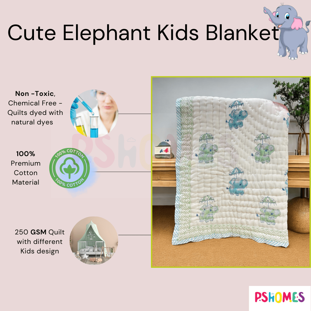 Handblock Elephant Print Kids Blanket – 40x60 inches – Bedding by Playful stitches available on Brown Living™. . SKU: FCQELEP4060. Img 2.