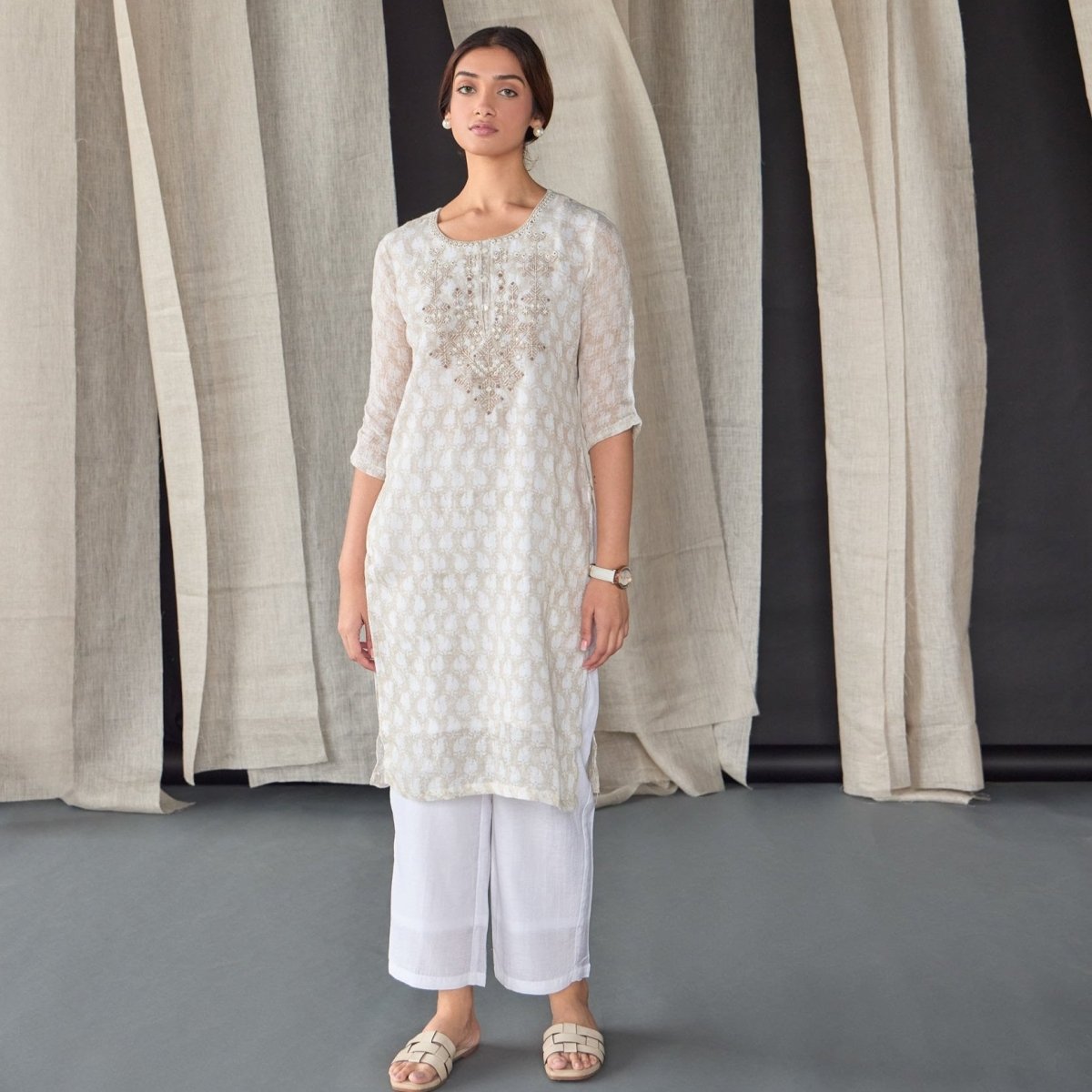 Handblock Off White Pure Linen Kurta | Verified Sustainable by Brown Living™