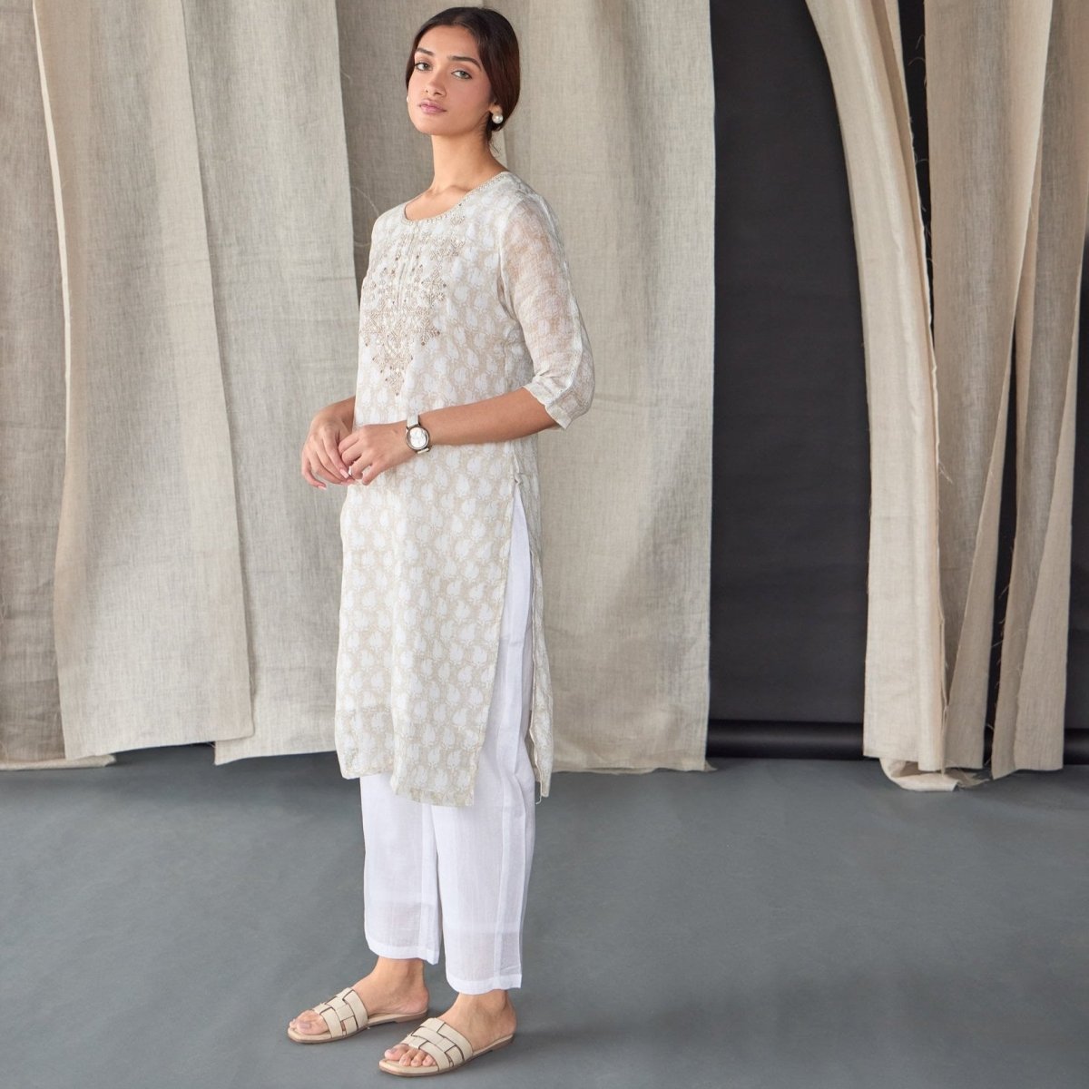 Handblock Off White Pure Linen Kurta | Verified Sustainable by Brown Living™